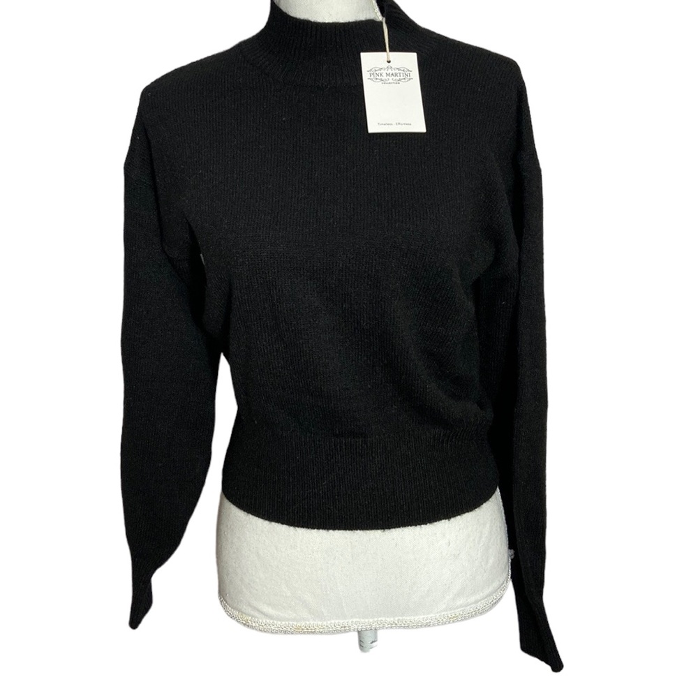 Pink Martini Mock Neck Crop Black Sweater Drop Wide Sleeve Knit